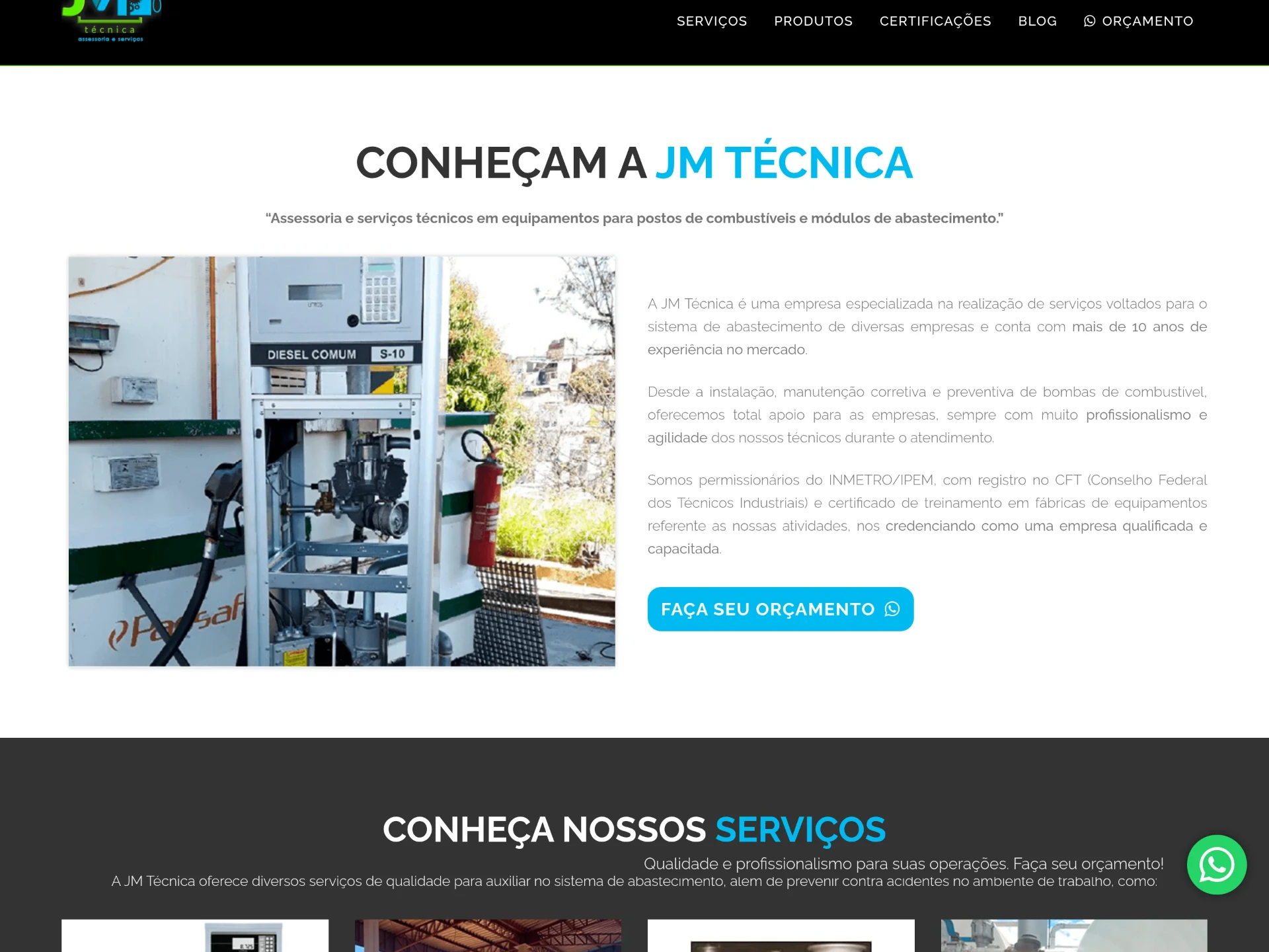 Seção Conheçam a JM Técnica apresentando a empresa, experiência e certificações