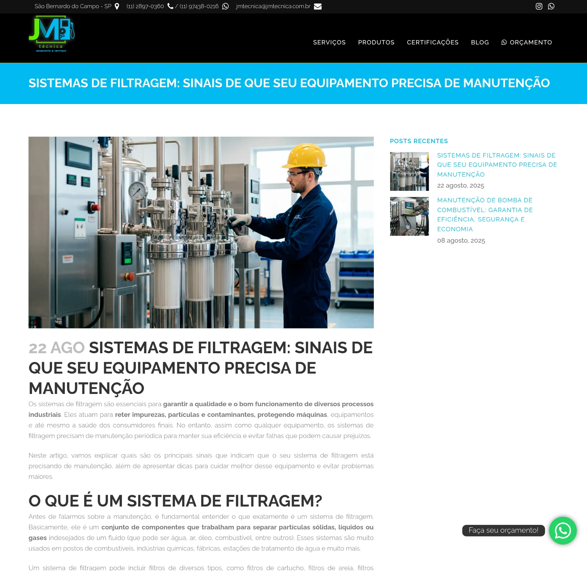 Artigo técnico do blog da JM Técnica sobre manutenção de sistemas de filtragem