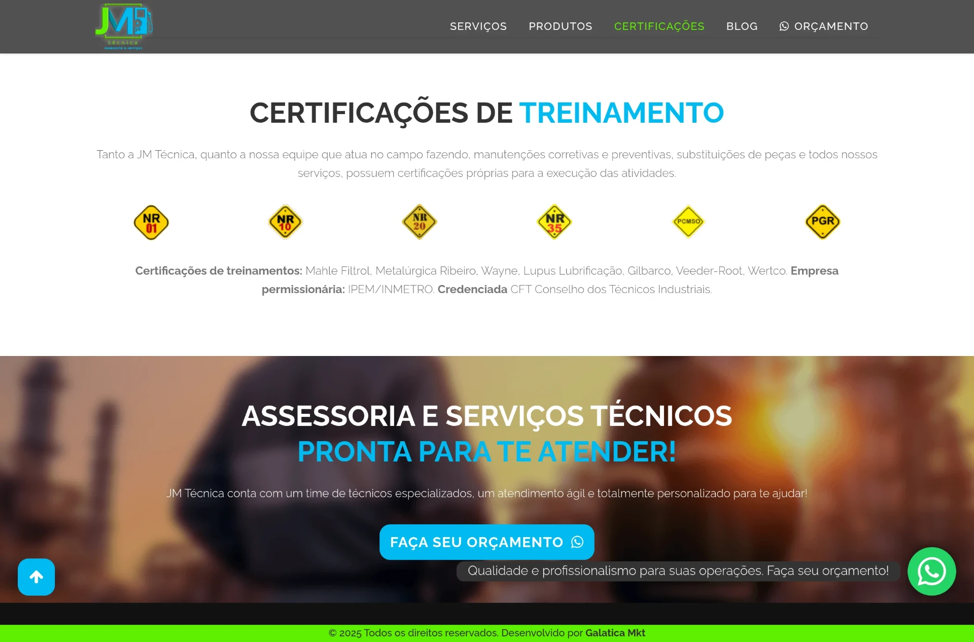 Seção de certificações de treinamento da JM Técnica com NR-01, NR-10, NR-20, NR-35, PCMSO e PGR