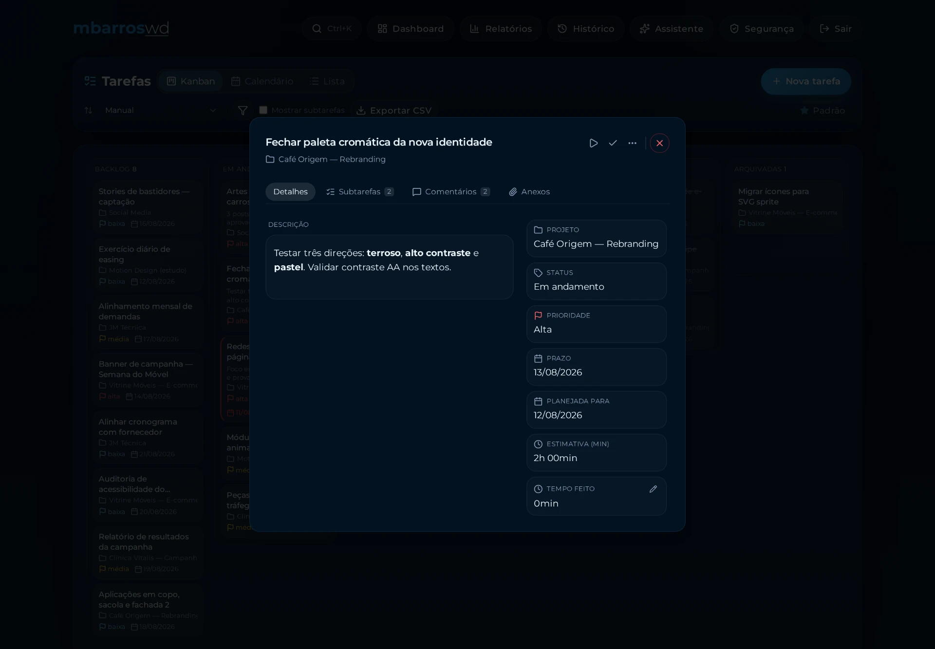 Detalhe de uma tarefa com descrição, status, prioridade, prazos e estimativas