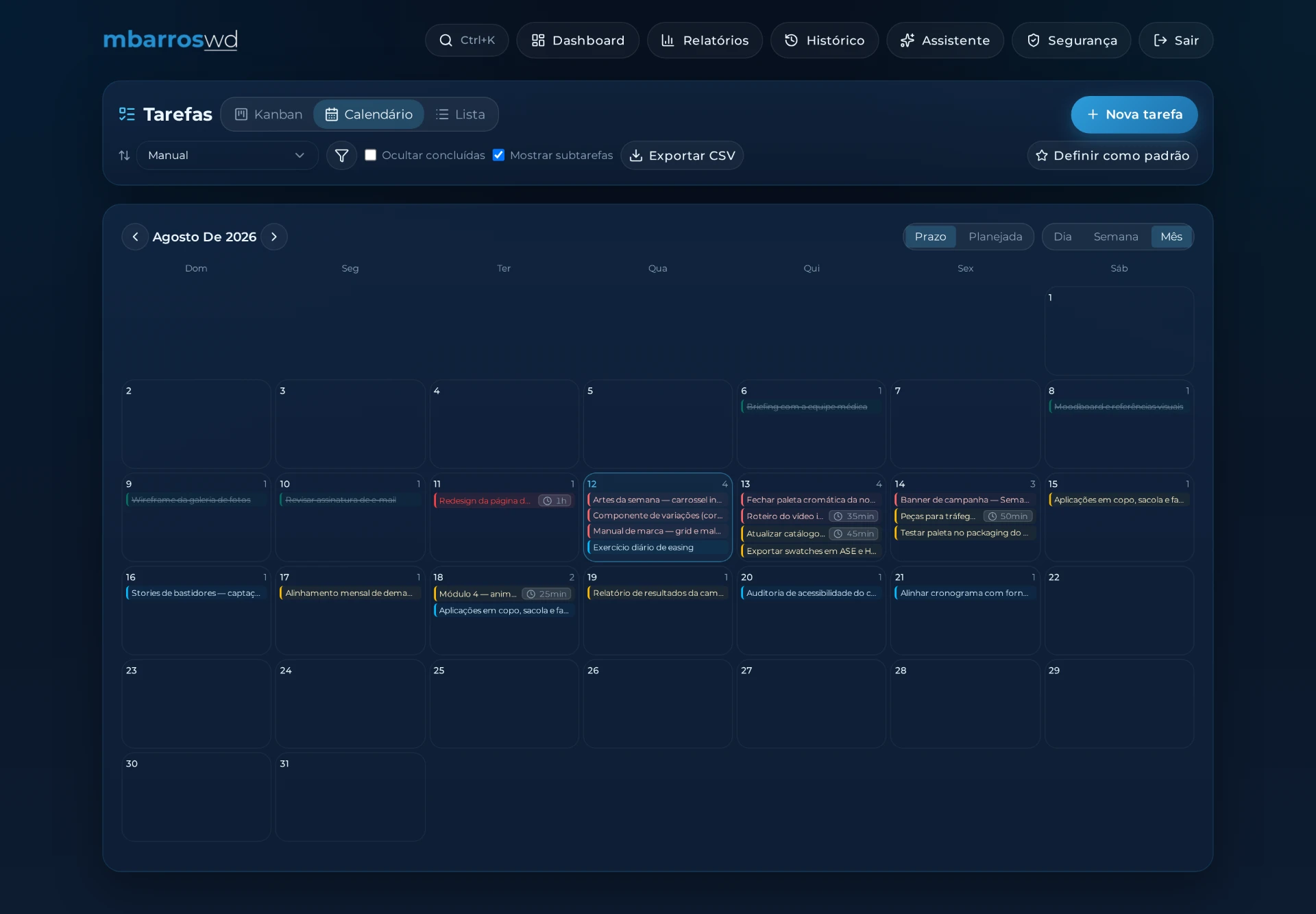 Visualização em calendário mensal das tarefas do Praise The Task