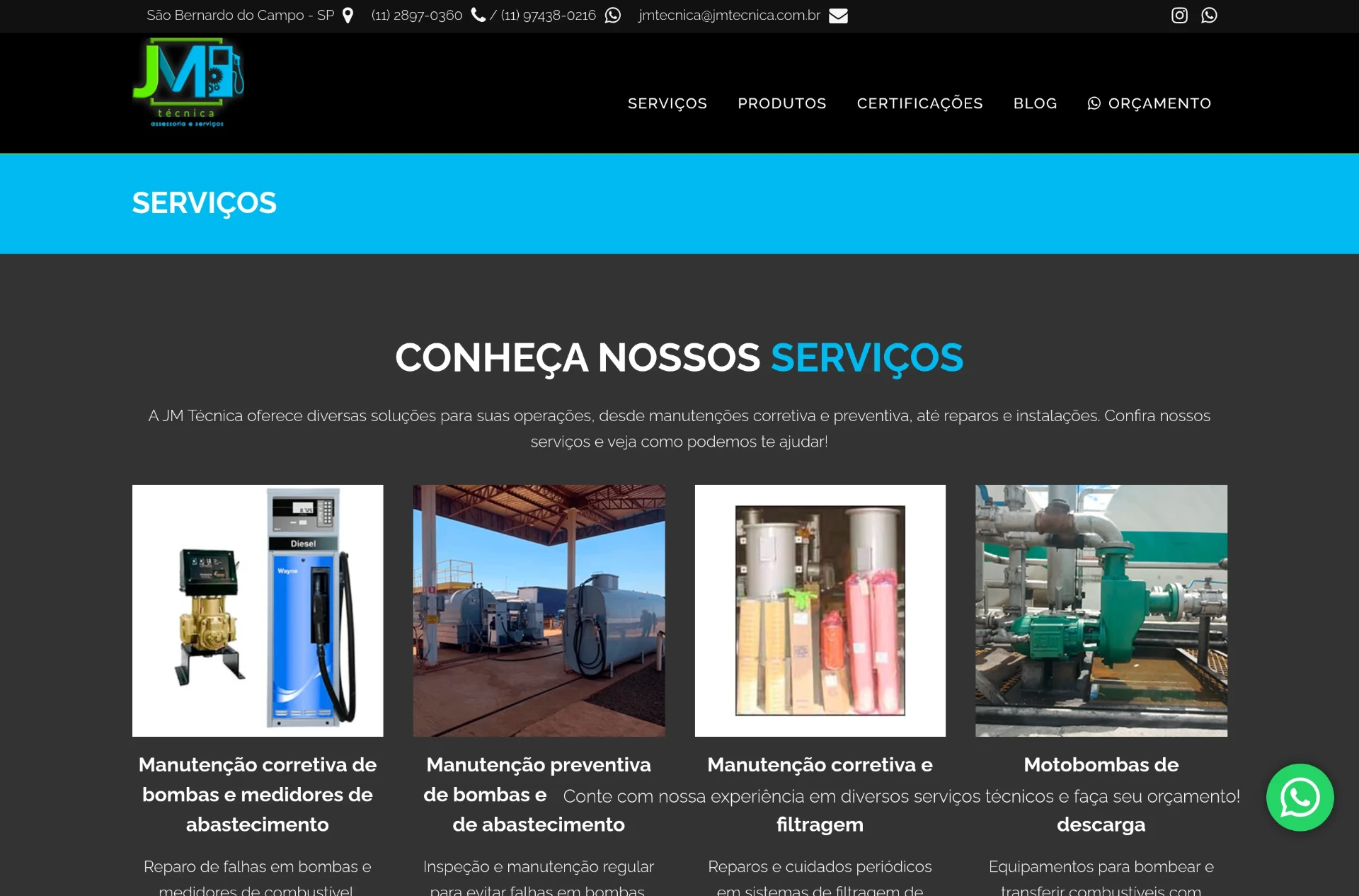 Grade de serviços do site da JM Técnica com manutenção corretiva, preventiva, filtragem e motobombas