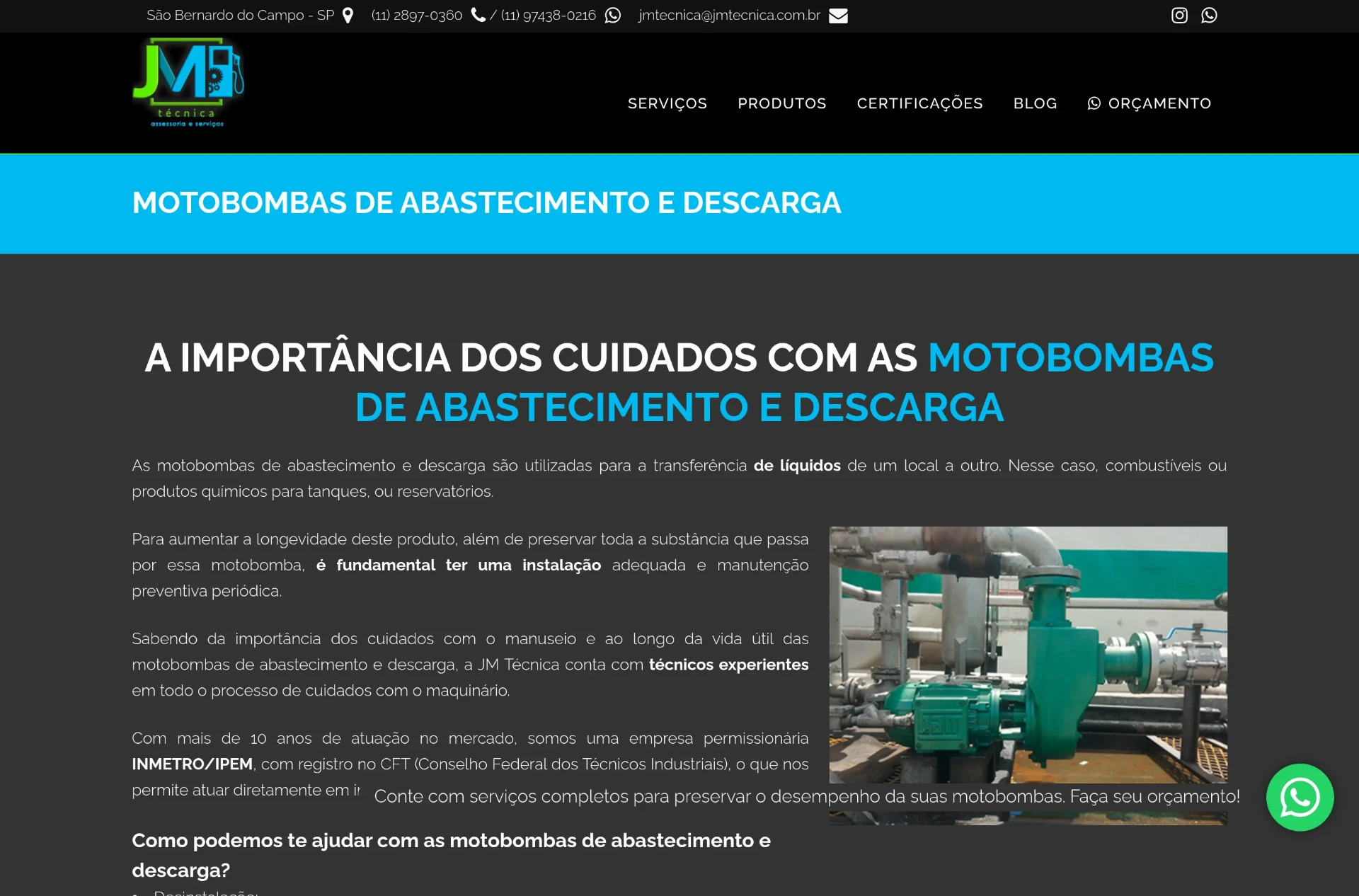 Página interna sobre motobombas de abastecimento e descarga do site da JM Técnica